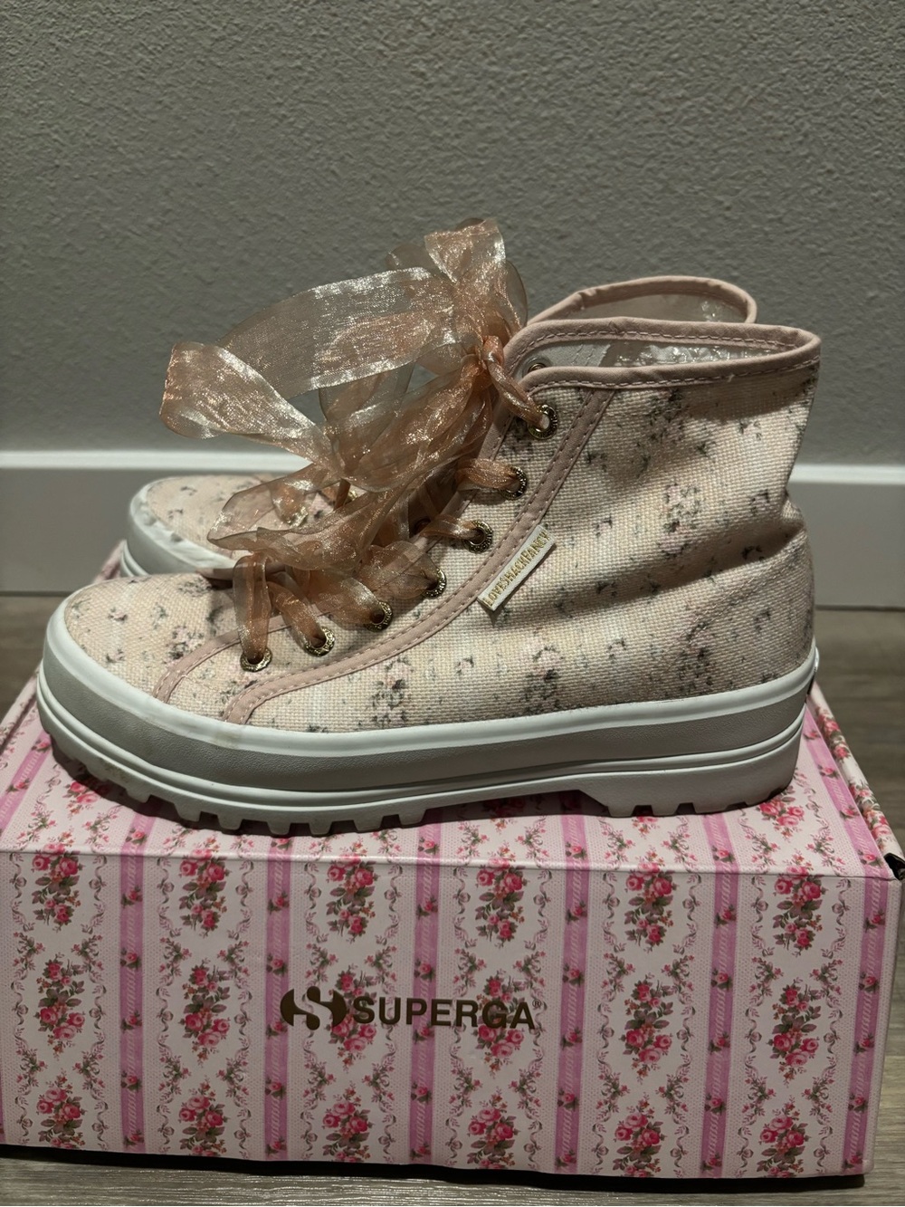 Superga X Love Shack Fancy Women's Pink Floral High-Top Platform Sneakers